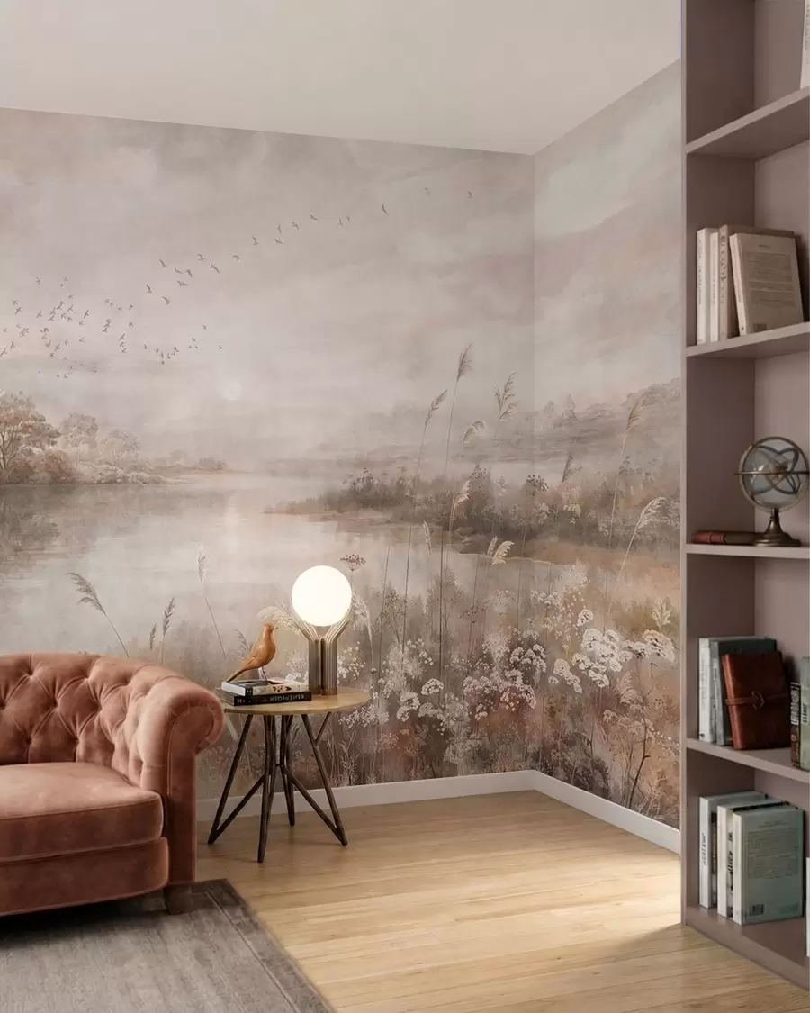 Fotobehang Mistig landschap aan het meer met wilde bloemen w05813
