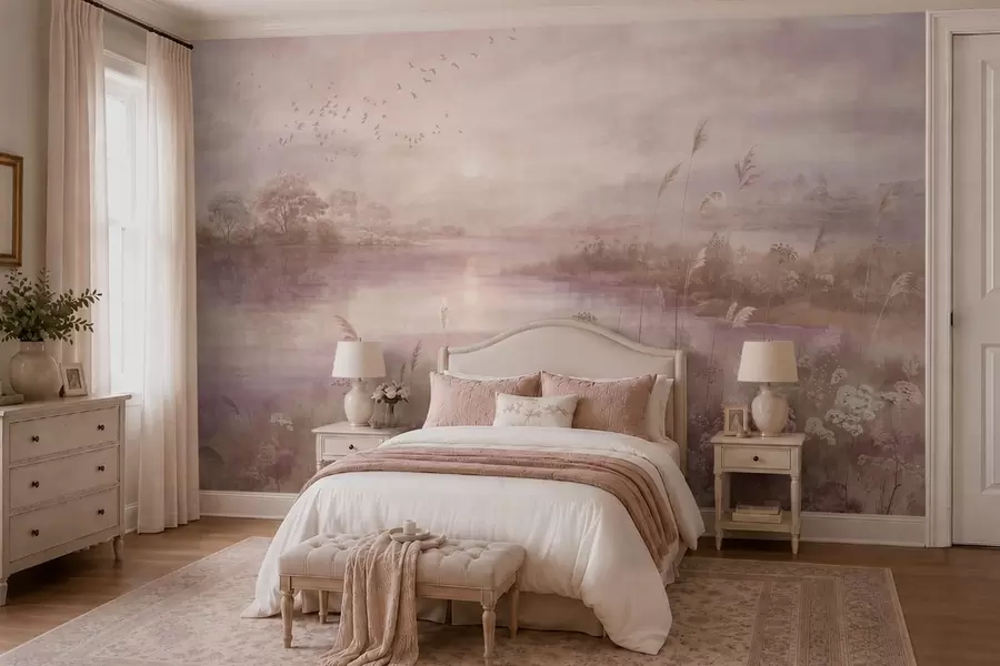 Fotobehang Roze gekleurd meer met wilde bloemen w05813v1
