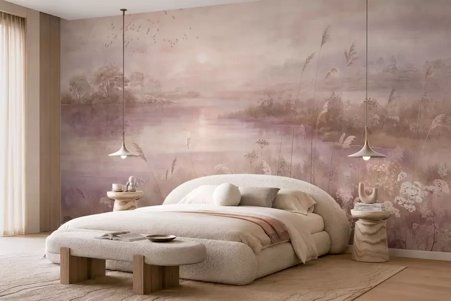 Fotobehang Roze gekleurd meer met wilde bloemen w05813v1