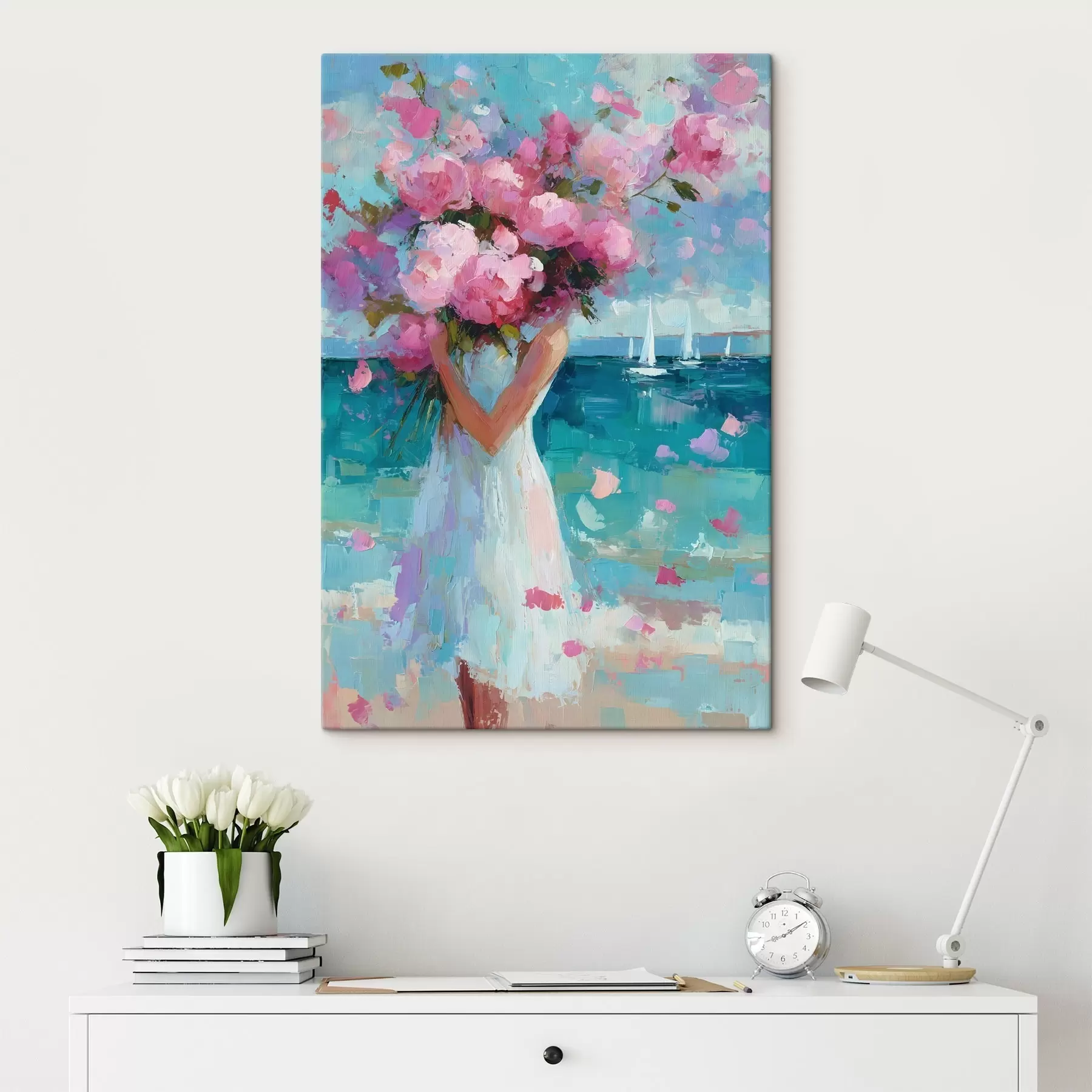  Peintures Une jeune fille avec des pivoines sur fond de paysage marin, peinte dans le style impasto s49937