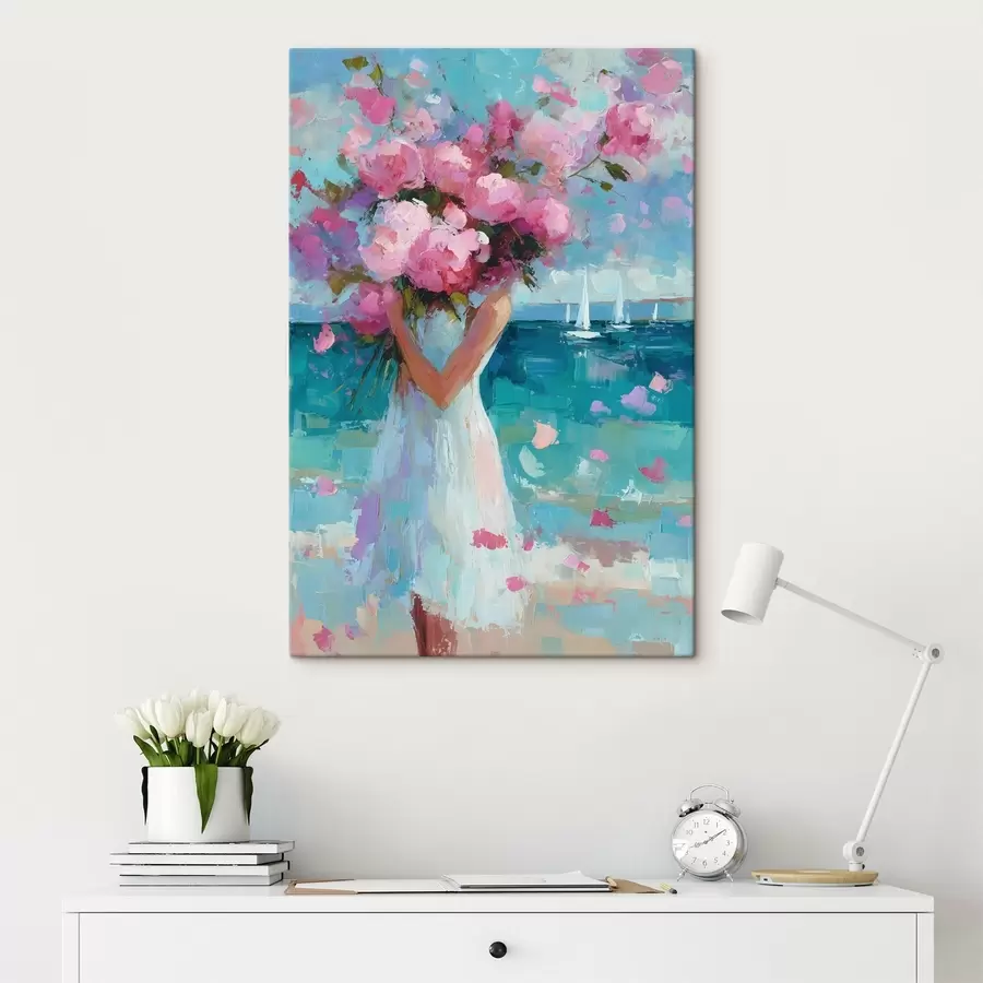  Peintures Une jeune fille avec des pivoines sur fond de paysage marin, peinte dans le style impasto s49937