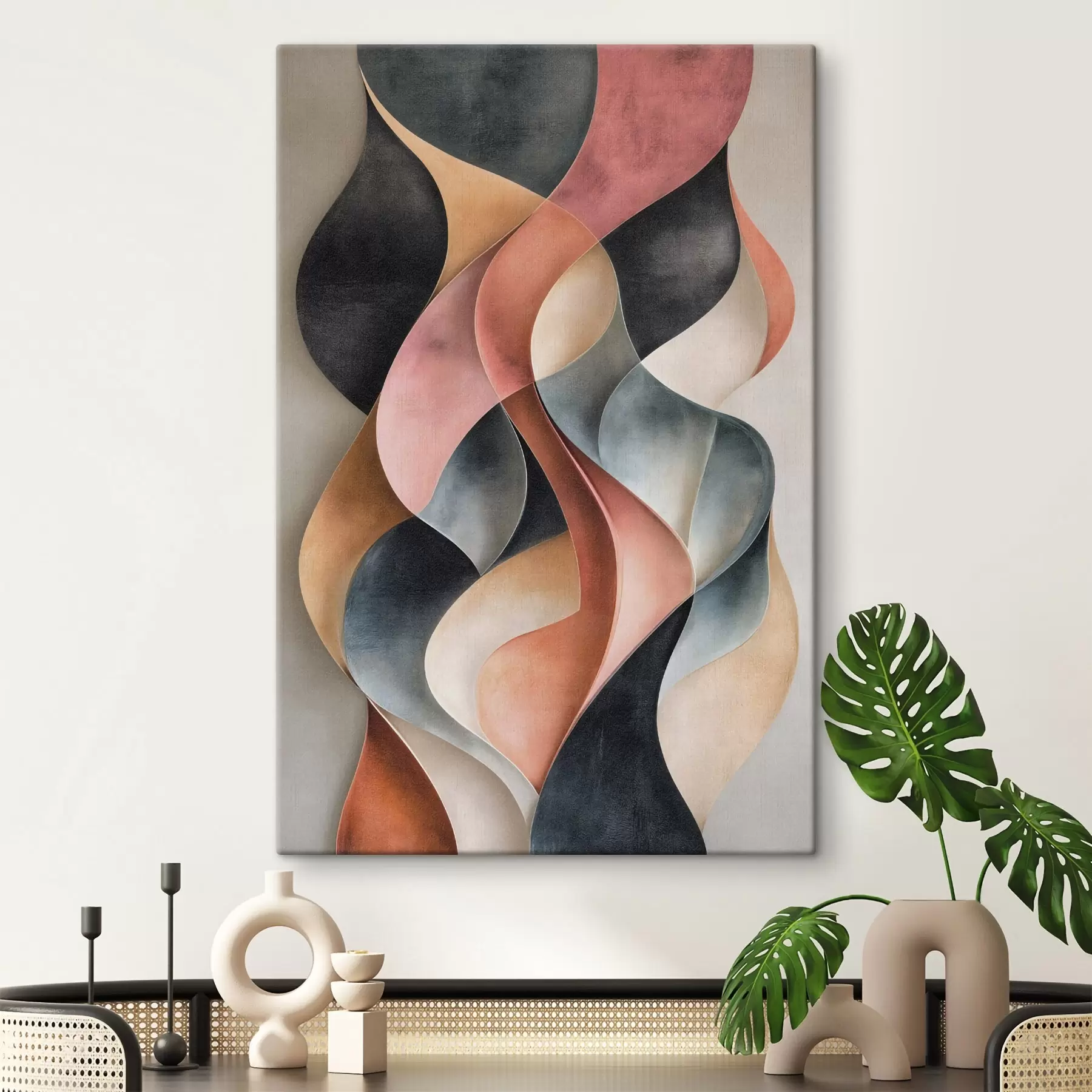  Peintures Vagues abstraites dans des nuances de noir et de terre cuite s50154
