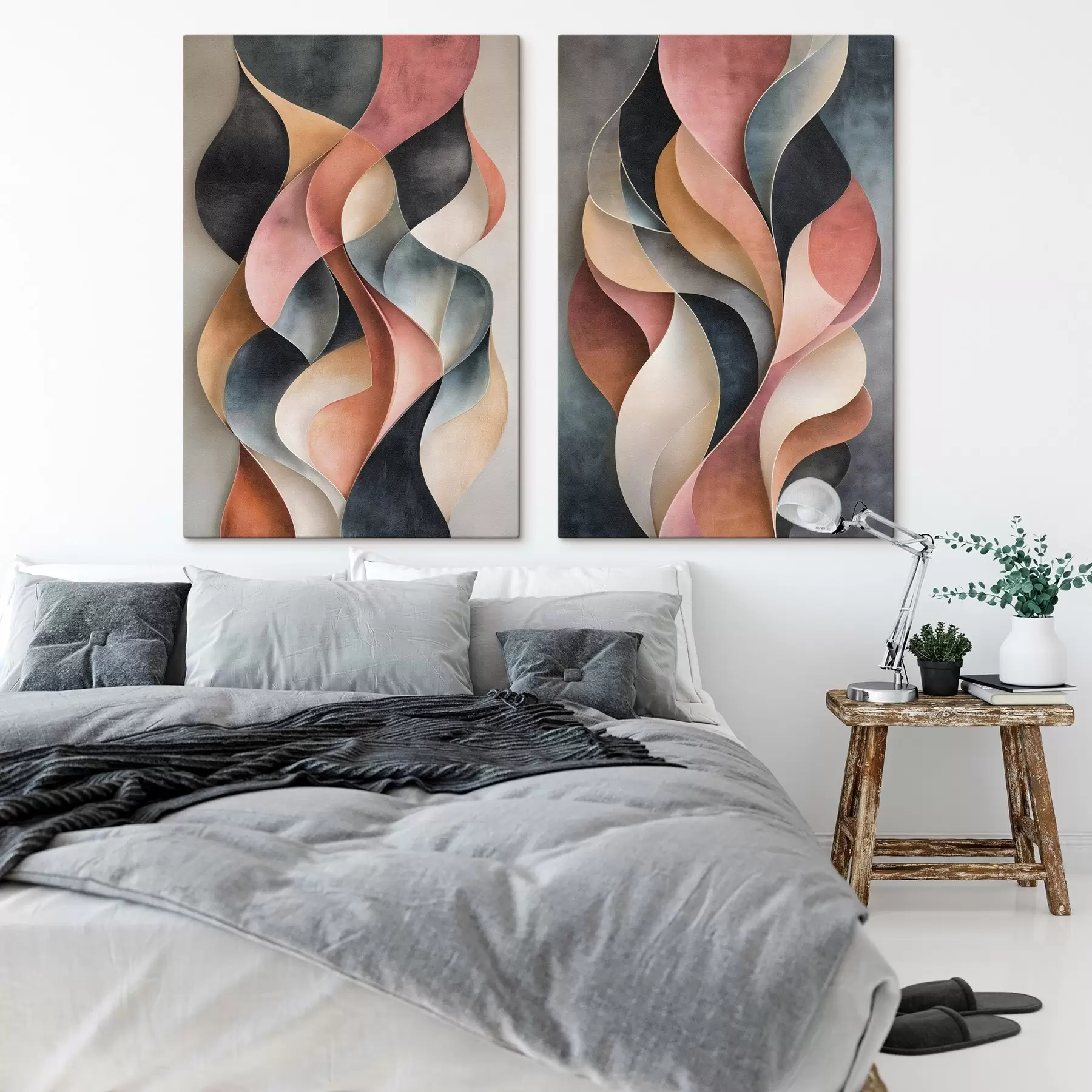  Schilderijen Abstracte golven in tinten zwart en terracotta m30816
