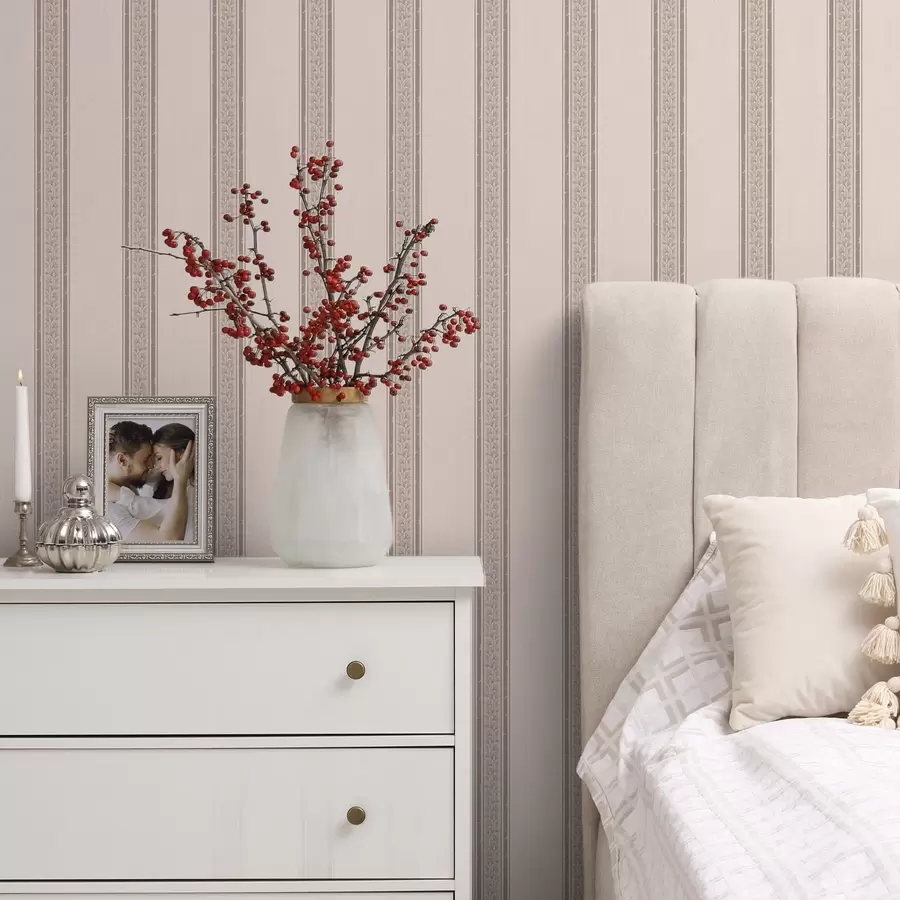 Fotobehang Fijne roze en beige strepen met blaadjes a01249