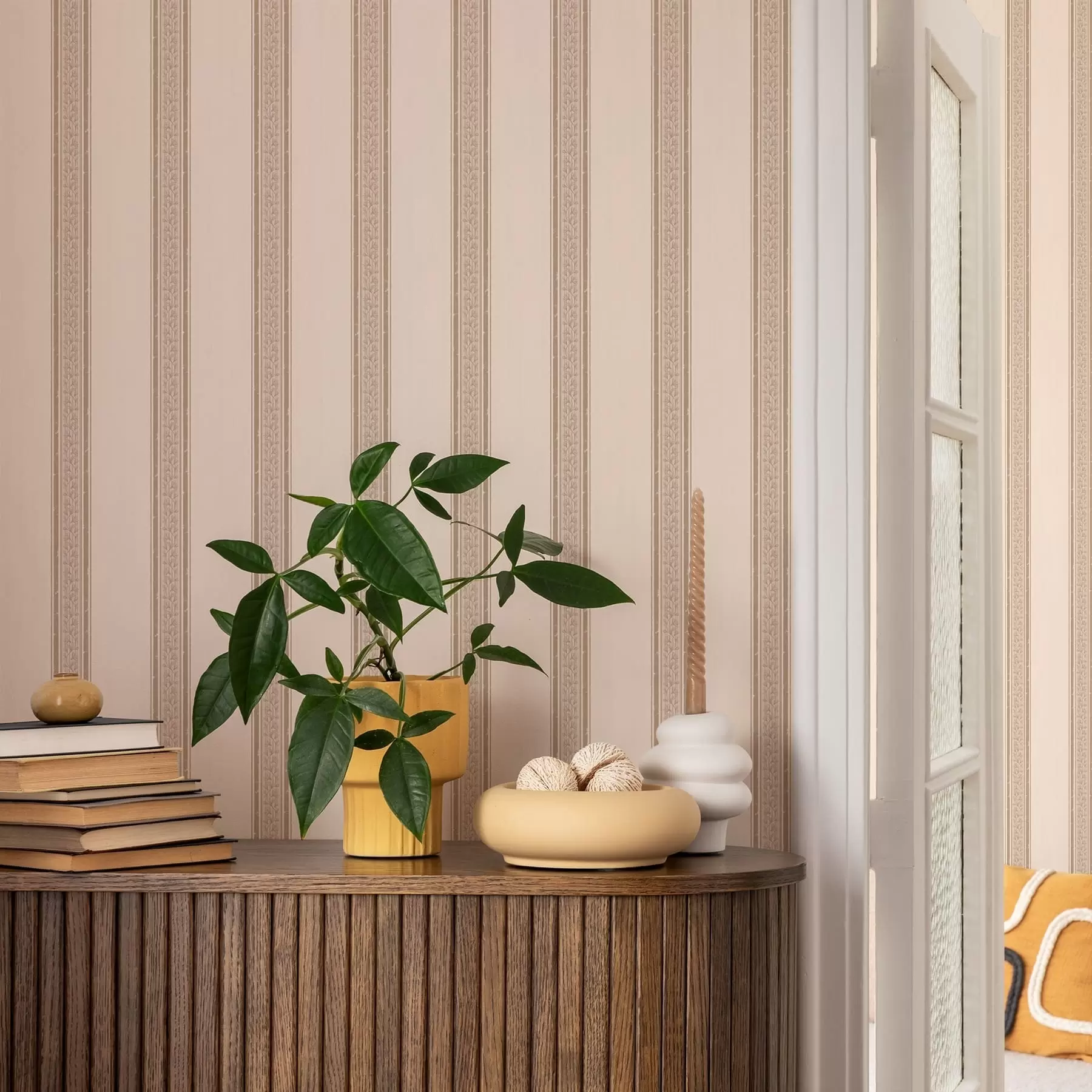 Fotobehang Elegante beige strepen met bladeren a01249v2