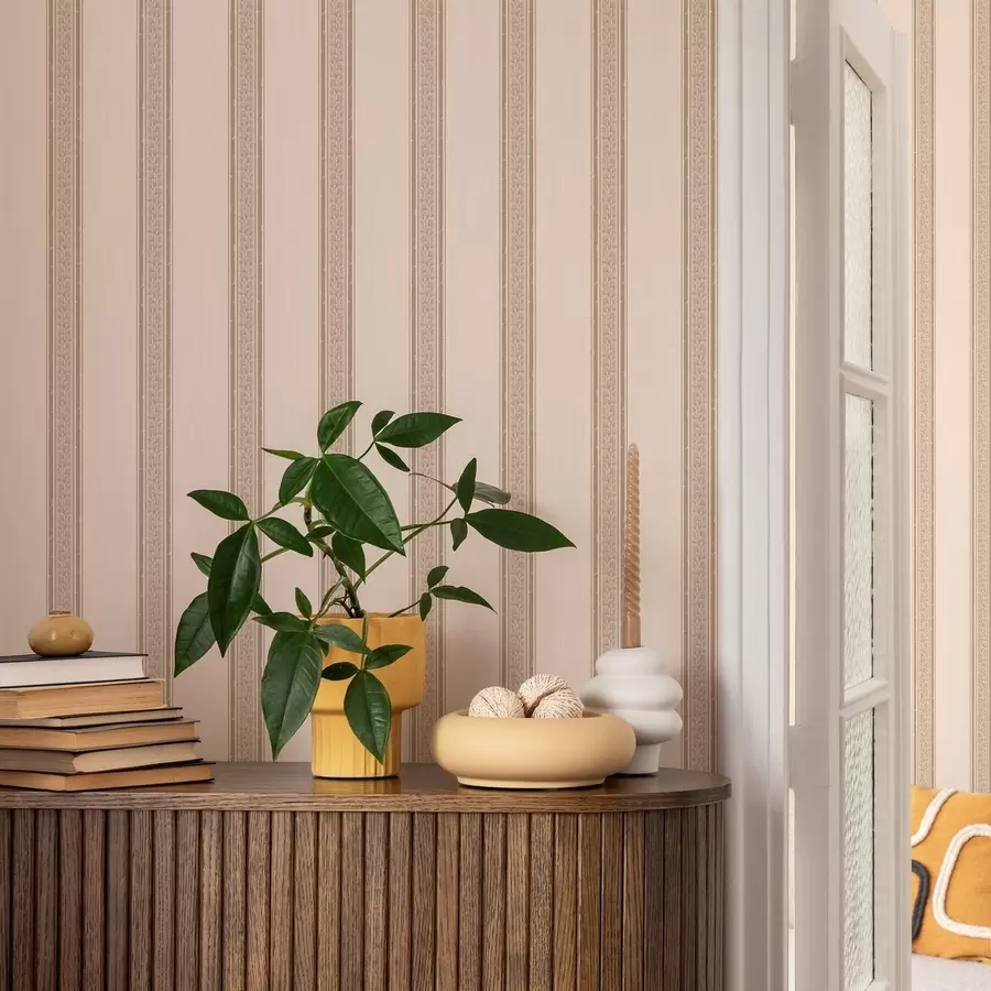 Fotobehang Elegante beige strepen met bladeren a01249v2