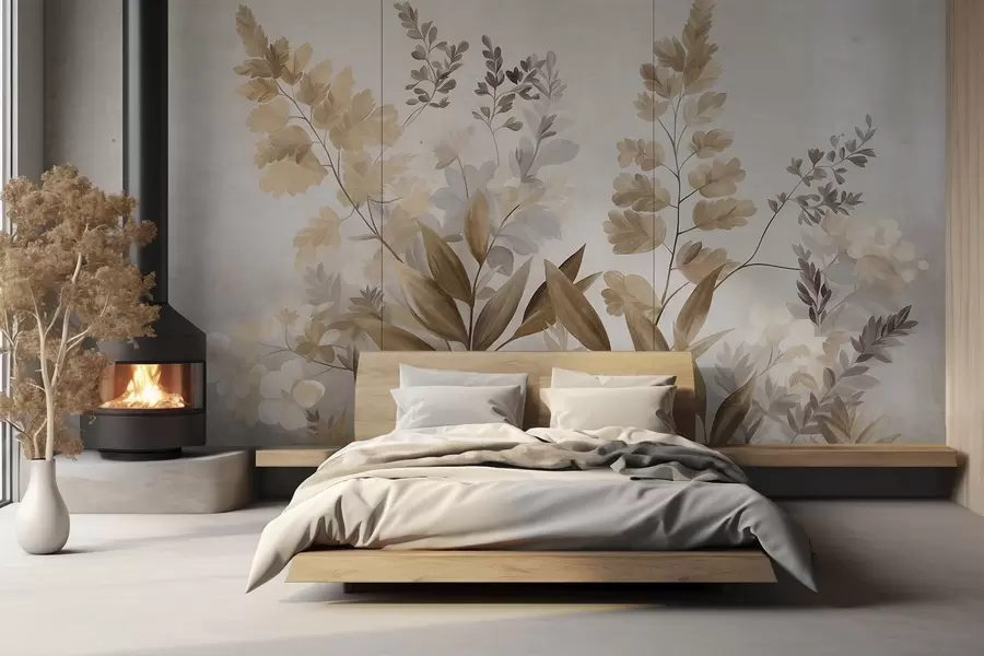 Fotobehang Botanische kunst met textuur, diverse planten en bladeren in bruine en beige tinten w09979