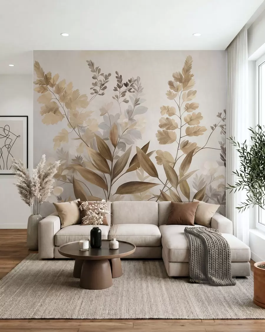 Fotobehang Botanische kunst met textuur, diverse planten en bladeren in bruine en beige tinten w09979