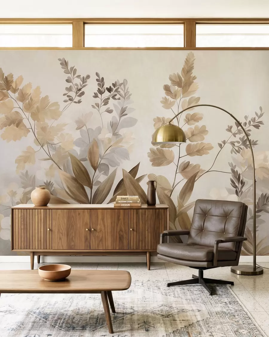 Fotobehang Botanische kunst met textuur, diverse planten en bladeren in bruine en beige tinten w09979