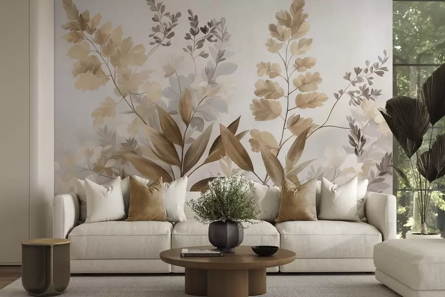 Fotobehang Botanische kunst met textuur, diverse planten en bladeren in bruine en beige tinten w09979