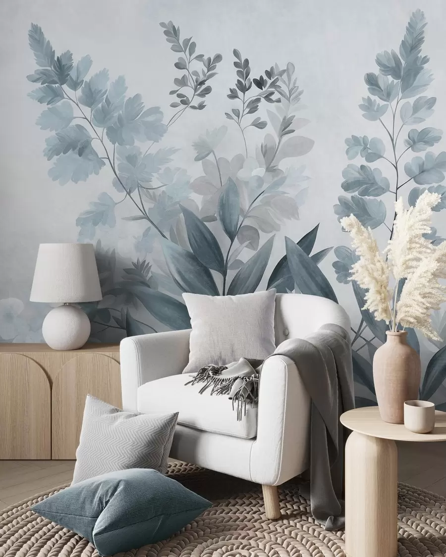 Fotobehang Botanische kunst met textuur, diverse planten en bladeren in blauw- en grijstinten w09979v1