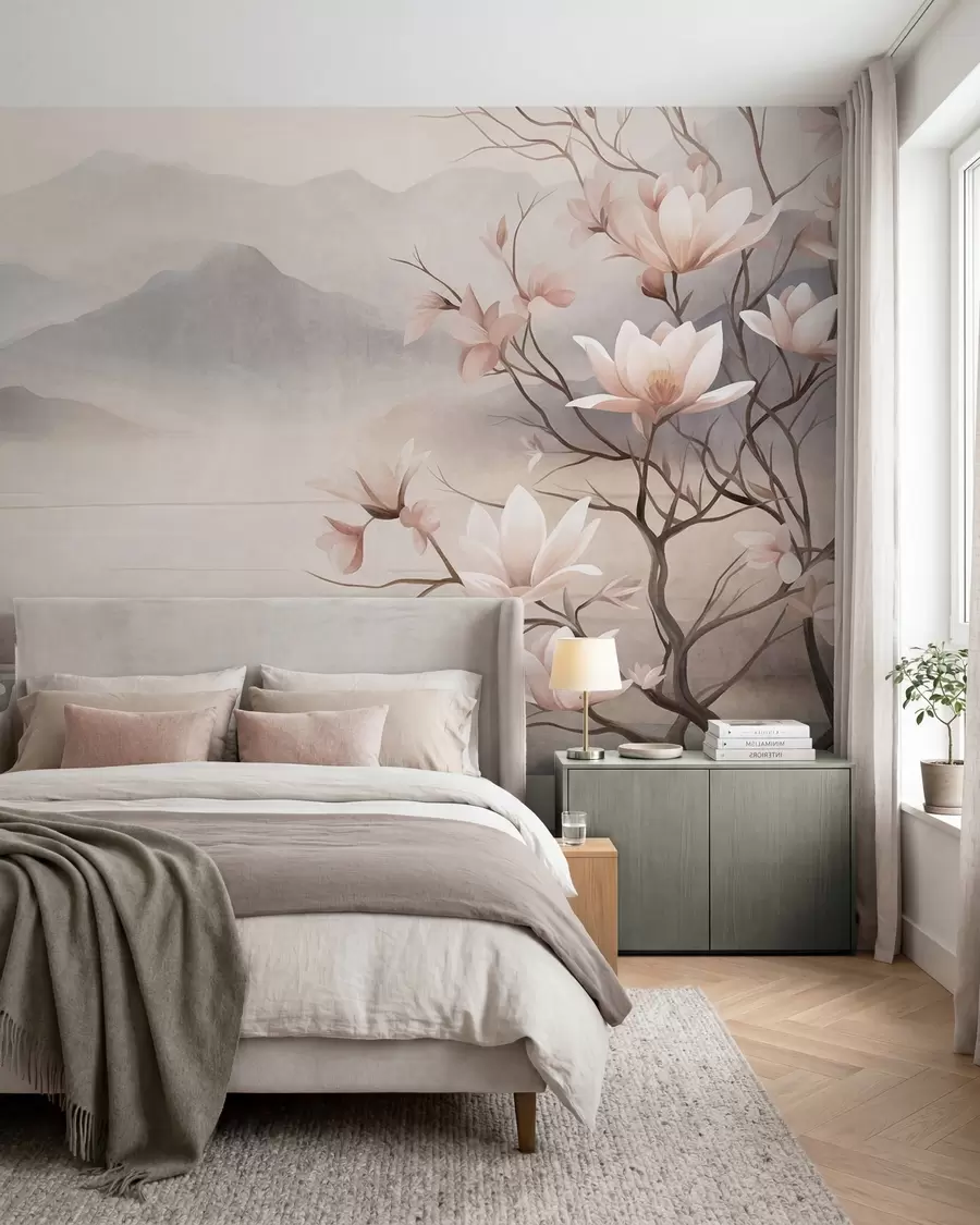Papier peint photo Des montagnes et des branches de magnolia roses en fleurs, un paysage riche en textures w10013