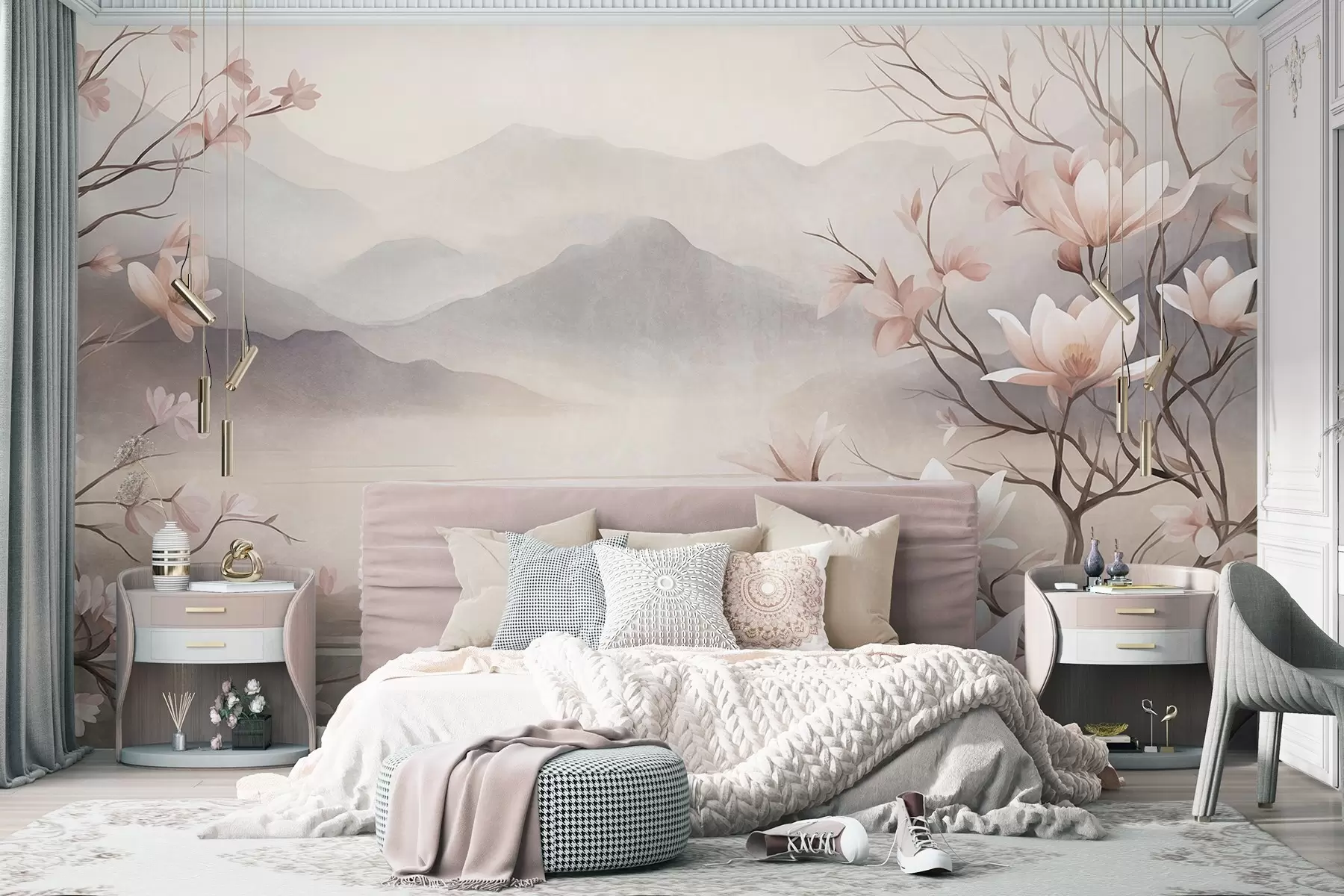 Fotobehang Bergen en bloeiende roze magnoliatakken, een landschap met veel textuur w10013