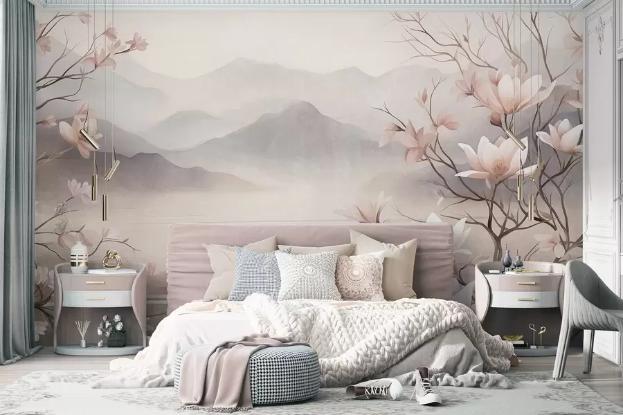 Fotobehang Bergen en bloeiende roze magnoliatakken, een landschap met veel textuur w10013
