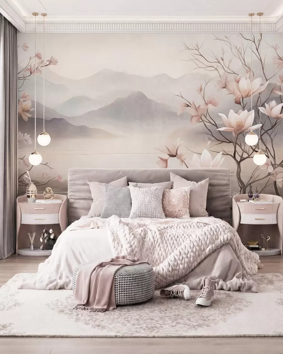 Fotobehang Bergen en bloeiende roze magnoliatakken, een landschap met veel textuur w10013