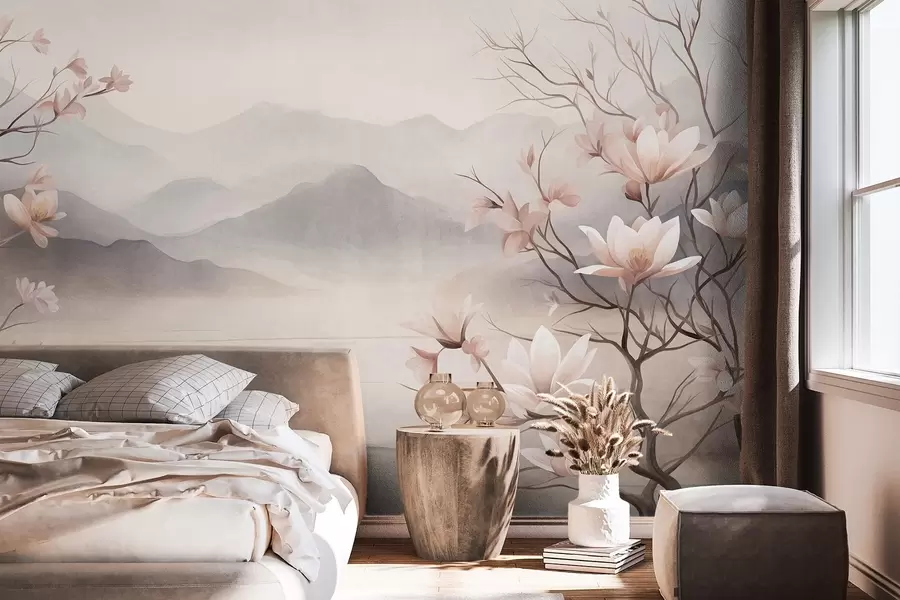 Papier peint photo Des montagnes et des branches de magnolia roses en fleurs, un paysage riche en textures w10013