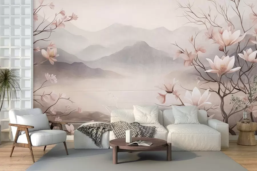 Fotobehang Bergen en bloeiende roze magnoliatakken, een landschap met veel textuur w10013