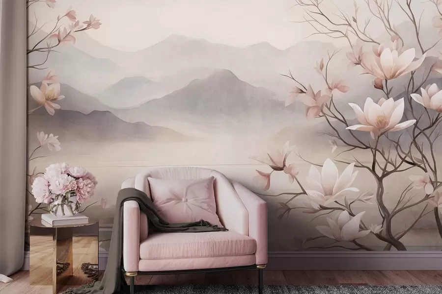 Papier peint photo Des montagnes et des branches de magnolia roses en fleurs, un paysage riche en textures w10013