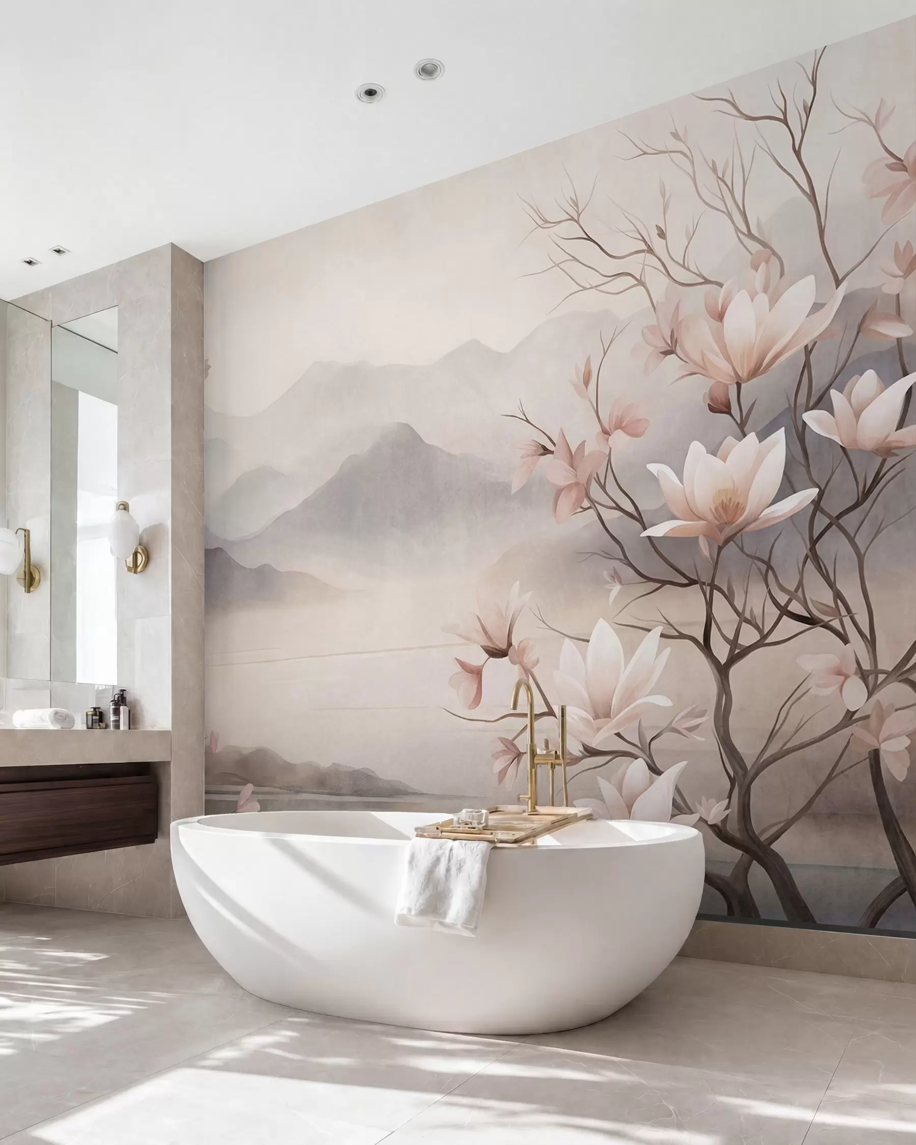 Fotobehang Bergen en bloeiende roze magnoliatakken, een landschap met veel textuur w10013