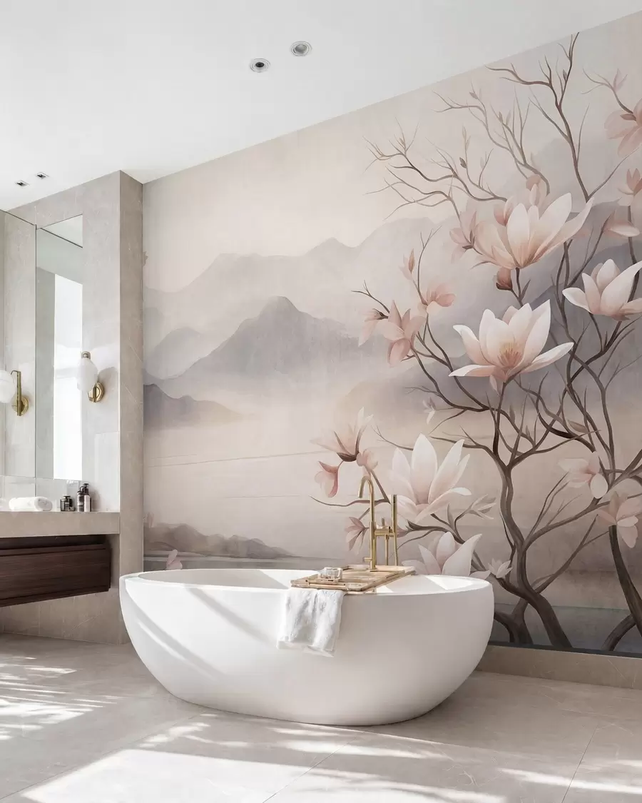 Fotobehang Bergen en bloeiende roze magnoliatakken, een landschap met veel textuur w10013