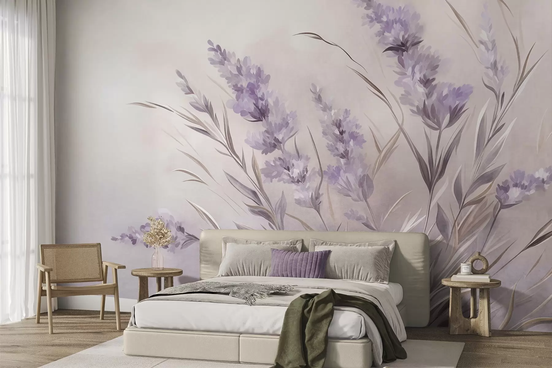 Fotobehang Lavendelbloemen met lange stelen en bladeren, kunstwerk met een zachte pastelachtige textuur w10018