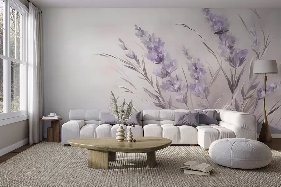 Fotobehang Lavendelbloemen met lange stelen en bladeren, kunstwerk met een zachte pastelachtige textuur w10018