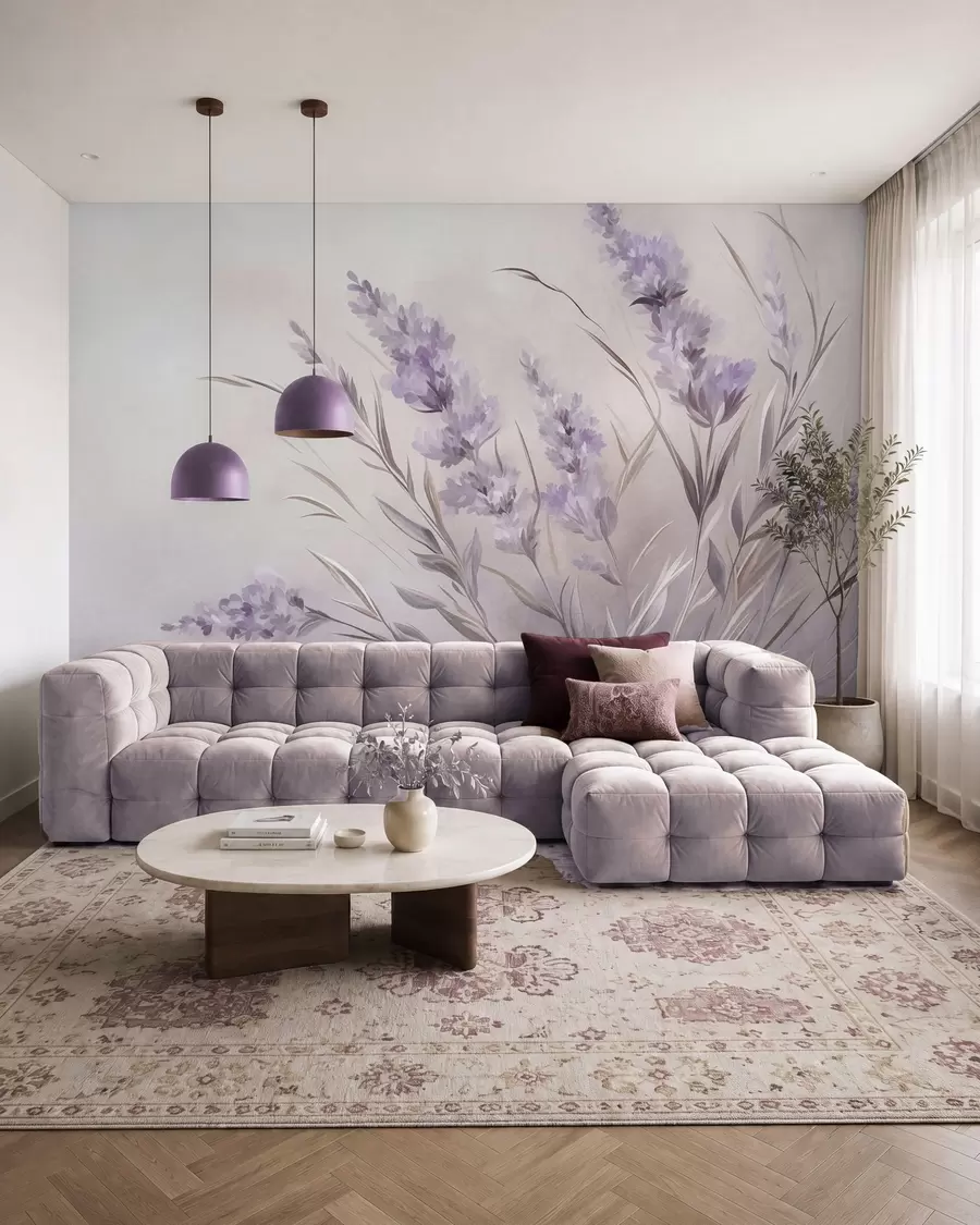 Fotobehang Lavendelbloemen met lange stelen en bladeren, kunstwerk met een zachte pastelachtige textuur w10018
