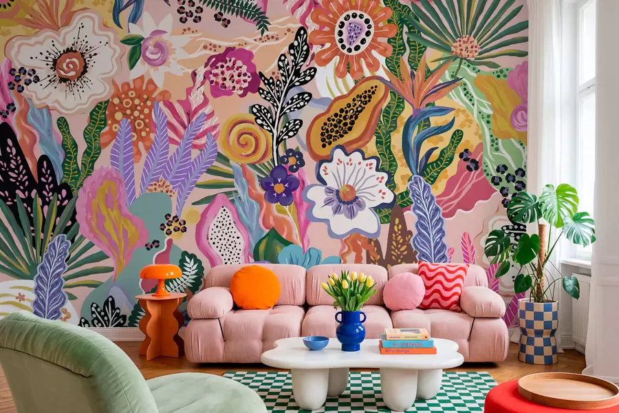 Fotobehang Levendig tropisch motief met bloemen, bladeren en kleurrijke vruchten w05815
