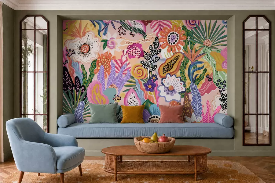 Fotobehang Levendig tropisch motief met bloemen, bladeren en kleurrijke vruchten w05815