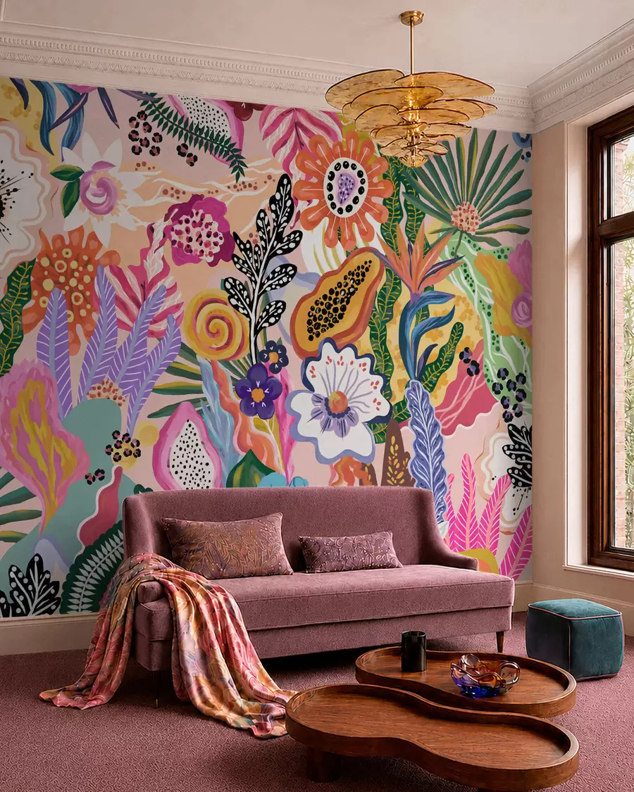 Fotobehang Levendig tropisch motief met bloemen, bladeren en kleurrijke vruchten w05815