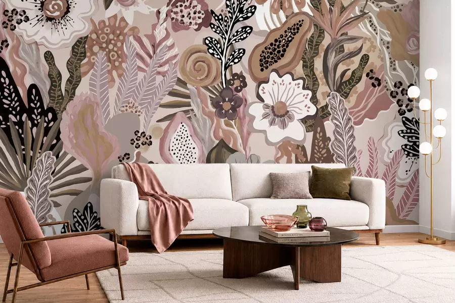 Fotobehang Poederachtig tropisch motief met bloemen, bladeren en ingetogen, zachte tinten w05815v1