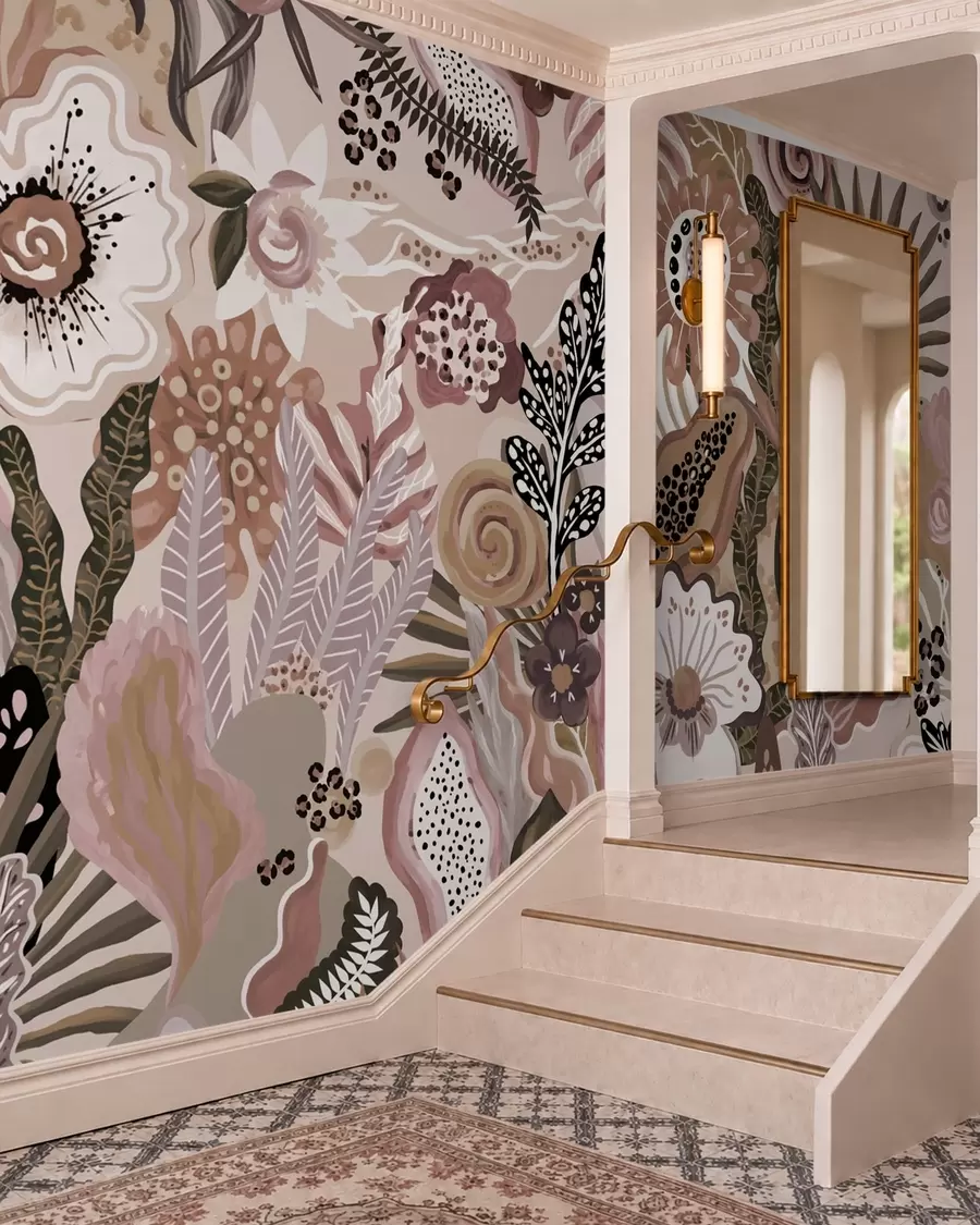 Papier peint photo Motif tropical aux couleurs poudrées, composé de fleurs, de feuilles et de tons doux et discrets w05815v1