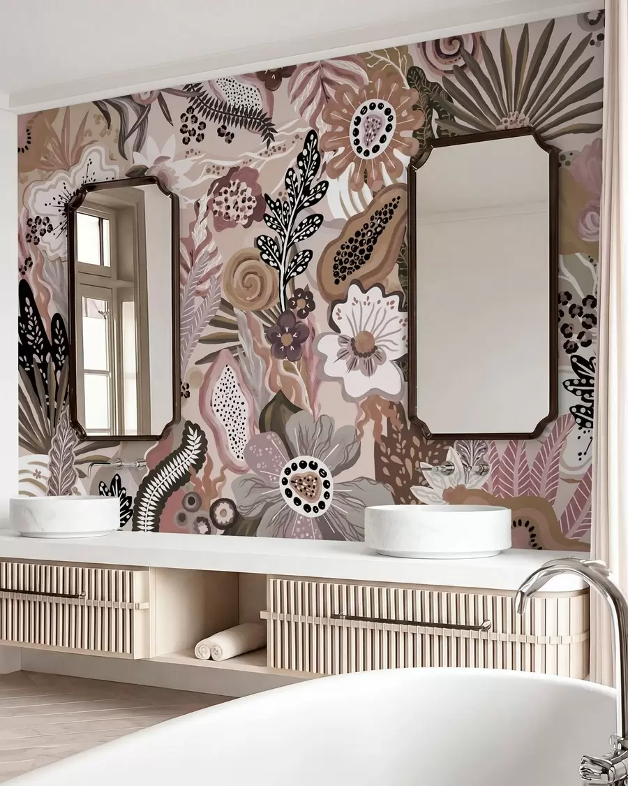 Fotobehang Poederachtig tropisch motief met bloemen, bladeren en ingetogen, zachte tinten w05815v1