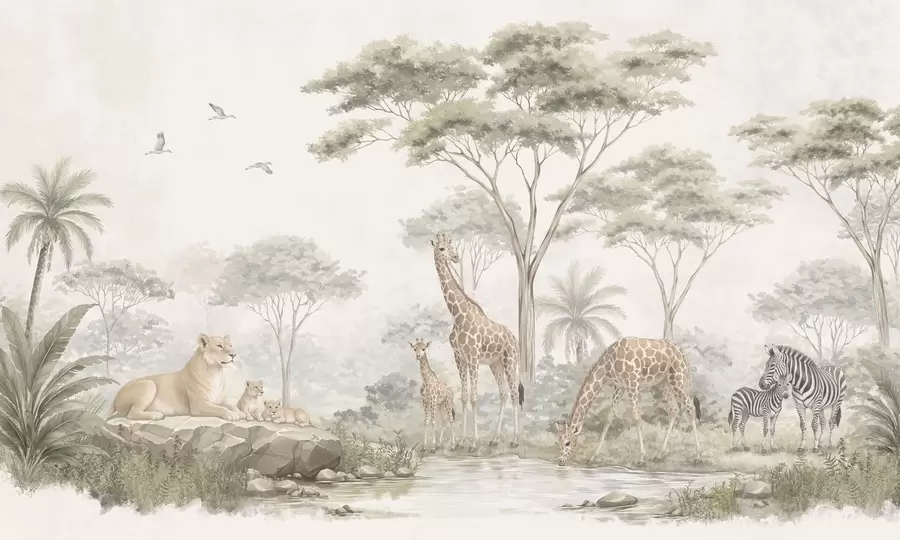 Fotobehang Safari met giraffen, leeuwen, zebra’s en tropische bomen w05804