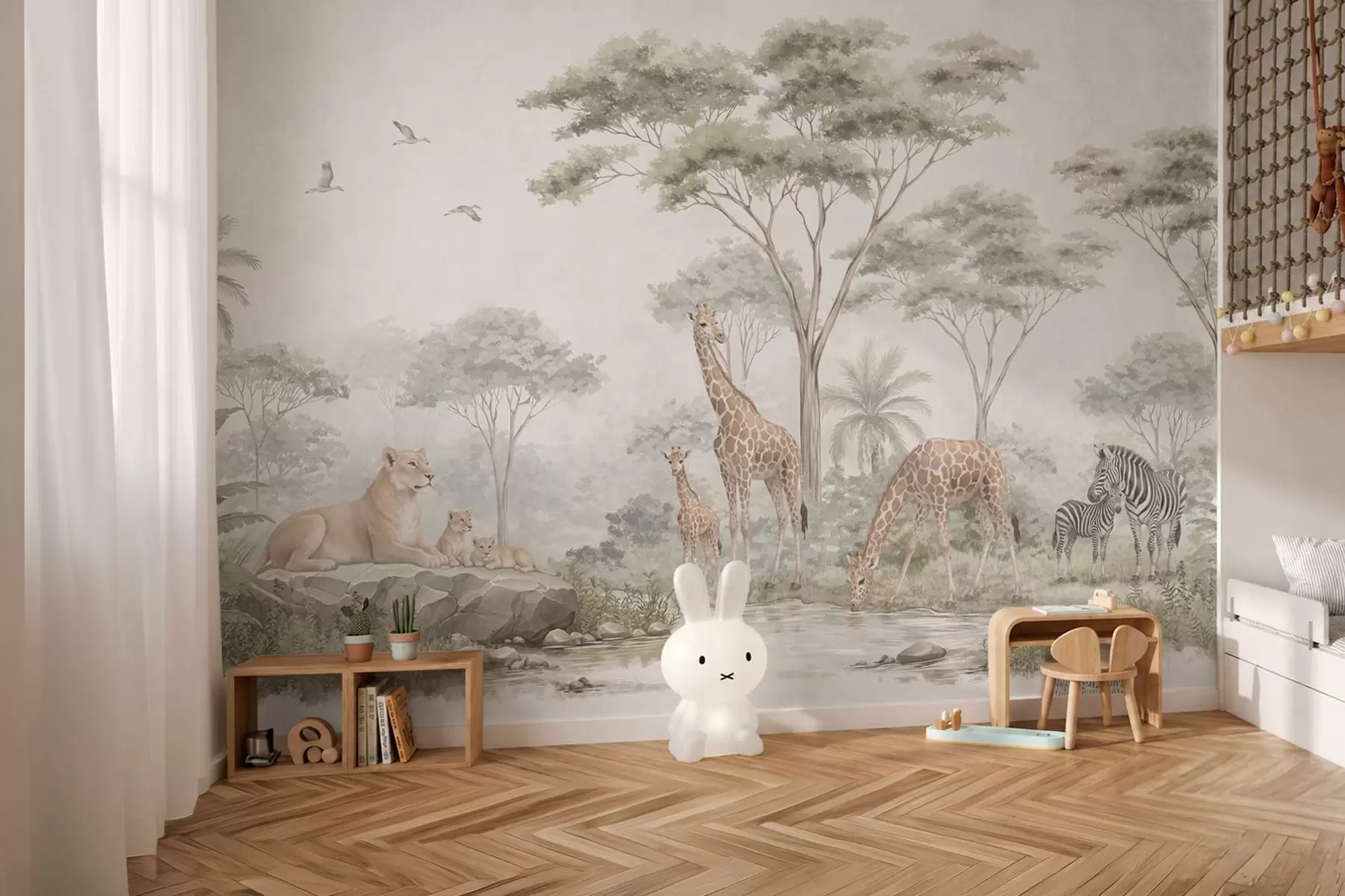 Fotobehang Safari met giraffen, leeuwen, zebra’s en tropische bomen w05804