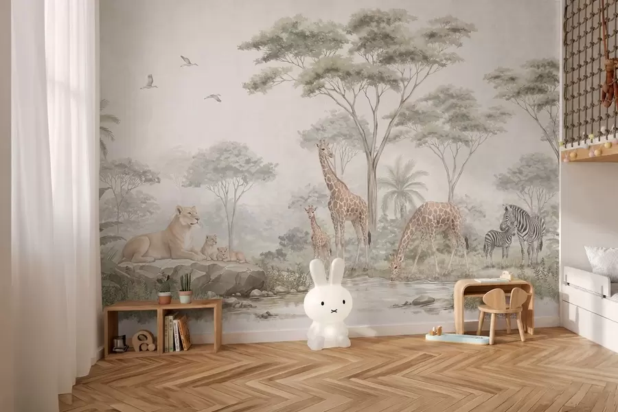 Fotobehang Safari met giraffen, leeuwen, zebra’s en tropische bomen w05804