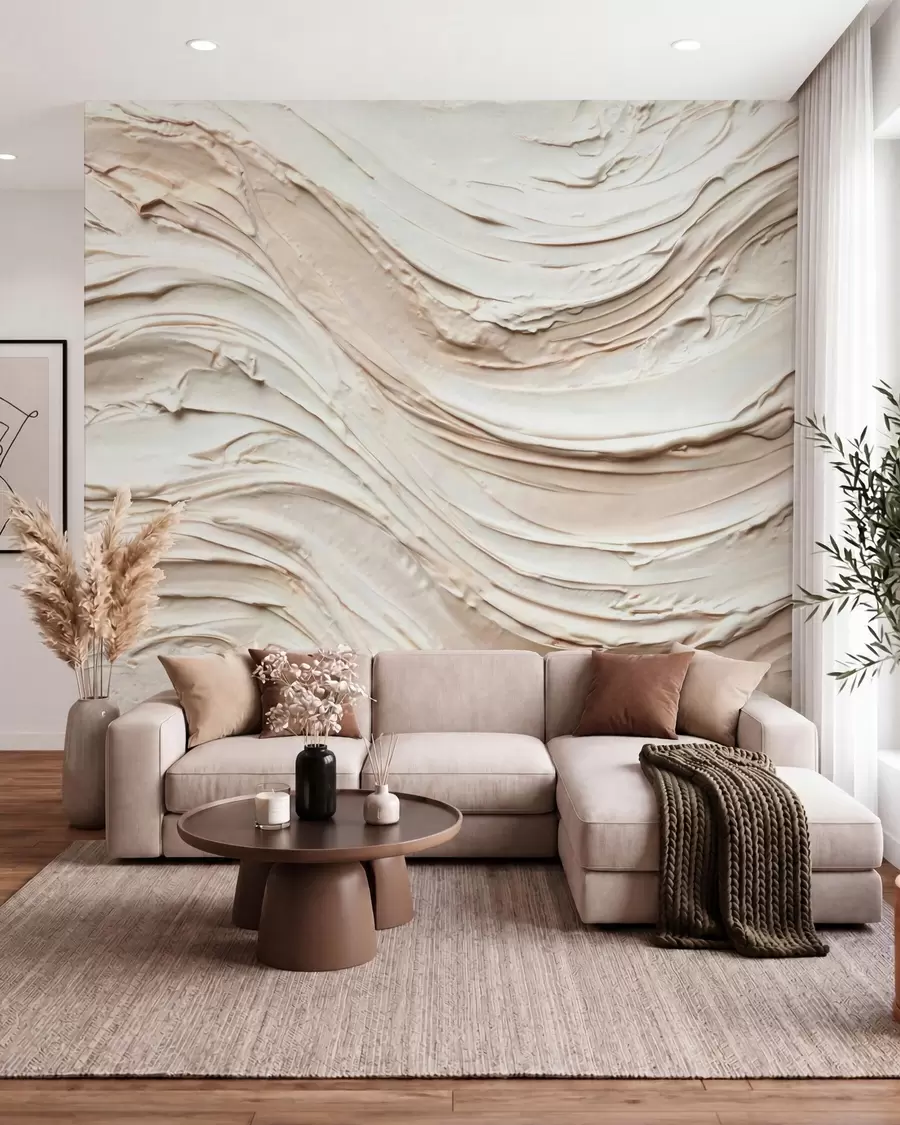 Fotobehang Warme, crèmekleurige en perzikkleurige golven die structuurpleister nabootsen, abstract w09990