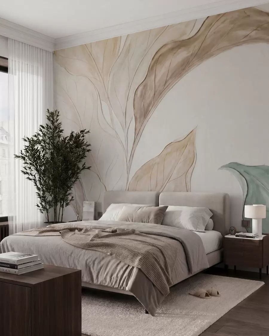 Fotobehang Imitatie van in reliëf gegoten, fijne beige-groene blaadjes w09991