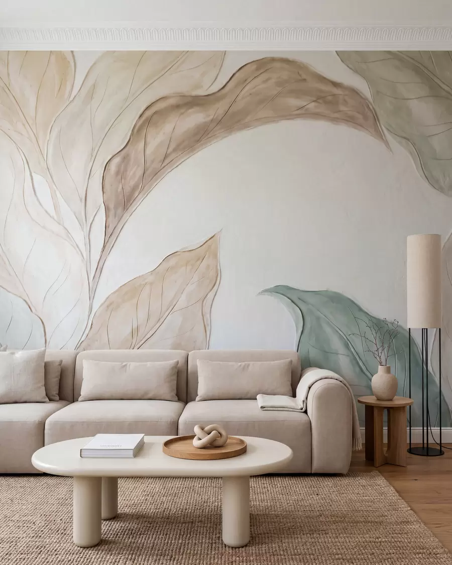 Fotobehang Imitatie van in reliëf gegoten, fijne beige-groene blaadjes w09991