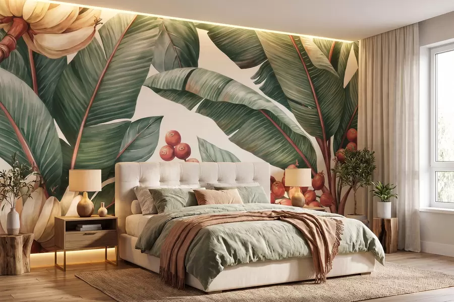 Fotobehang Tropische bananenbladeren met trossen rode koffiebessen, in aquarelstijl w09997