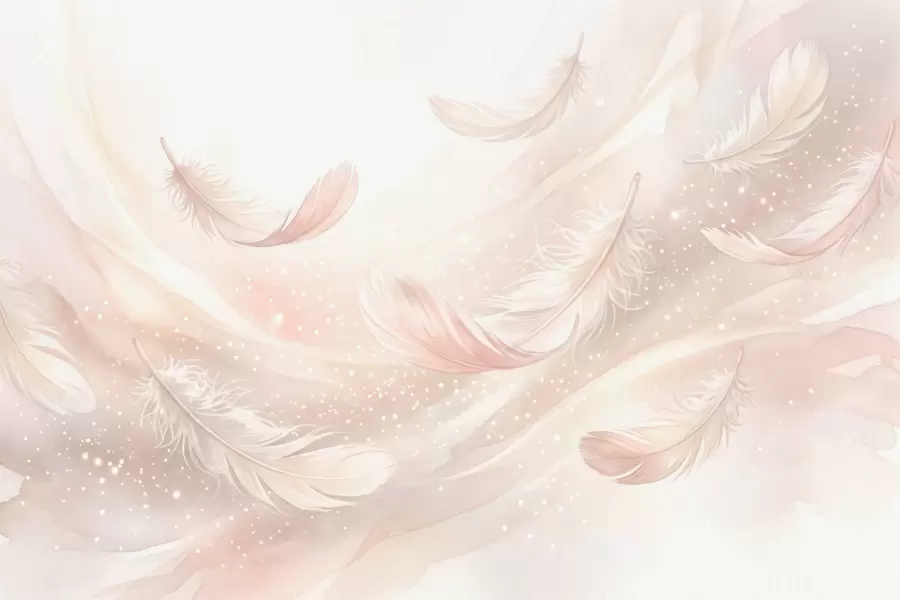 Papier peint photo Des plumes délicates et aériennes, nimbées d'une brume rose-pêche aux reflets chatoyants w10003