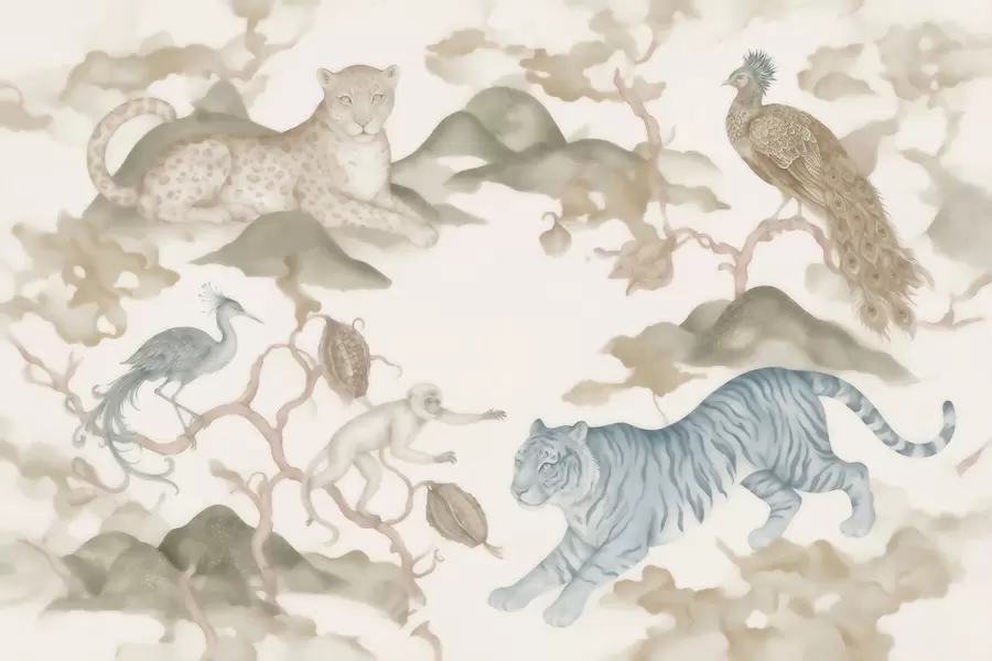 Fotobehang Keizerlijke tuin met dieren in oosterse stijl — aap, luipaard, tijger, pauw en reiger w10011