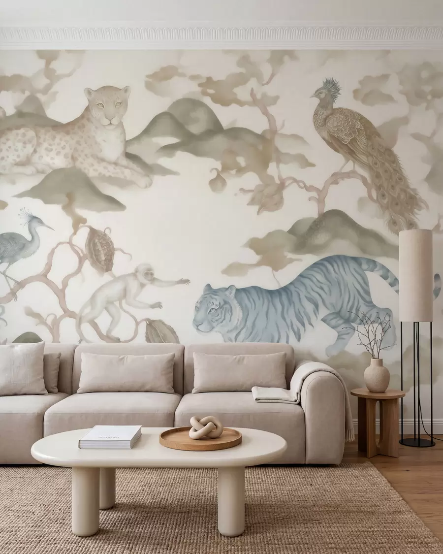 Fotobehang Keizerlijke tuin met dieren in oosterse stijl — aap, luipaard, tijger, pauw en reiger w10011