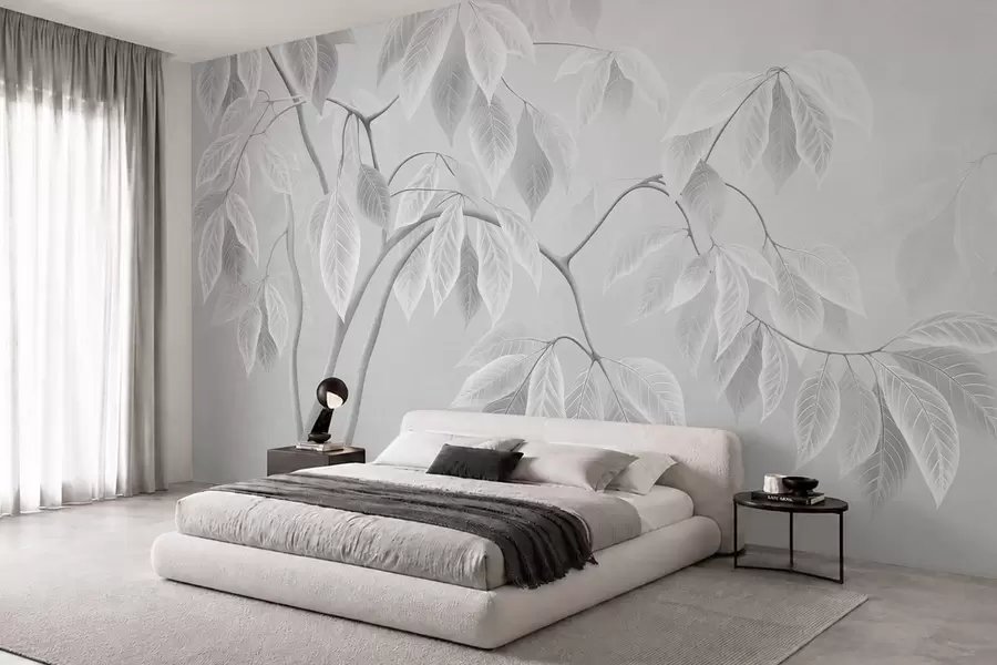Papier peint photo Des branches claires aux grandes feuilles sur un fond clair w05806