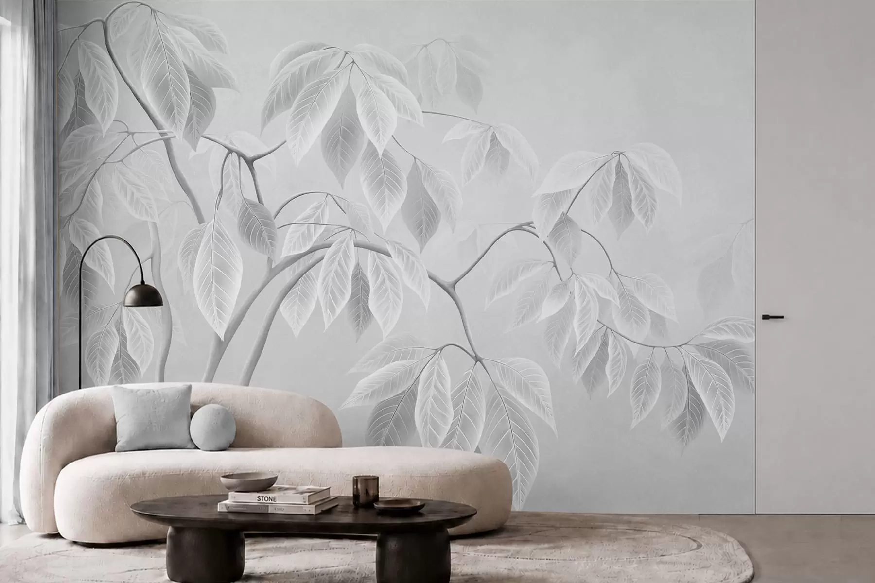 Papier peint photo Des branches claires aux grandes feuilles sur un fond clair w05806