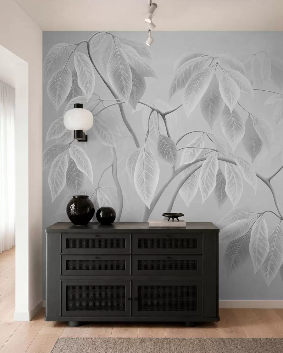 Papier peint photo Des branches claires aux grandes feuilles sur un fond clair w05806