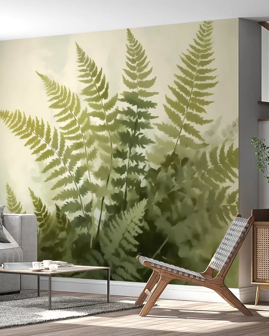 Fotobehang Abstracte, gestileerde varenbladeren, imitatie van een schilderij w05852