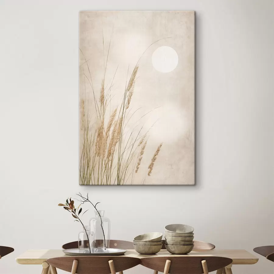  Peintures De hautes tiges d'herbe sèche, un arrière-plan à la texture floue, une pleine lune dans un ciel clair s50202