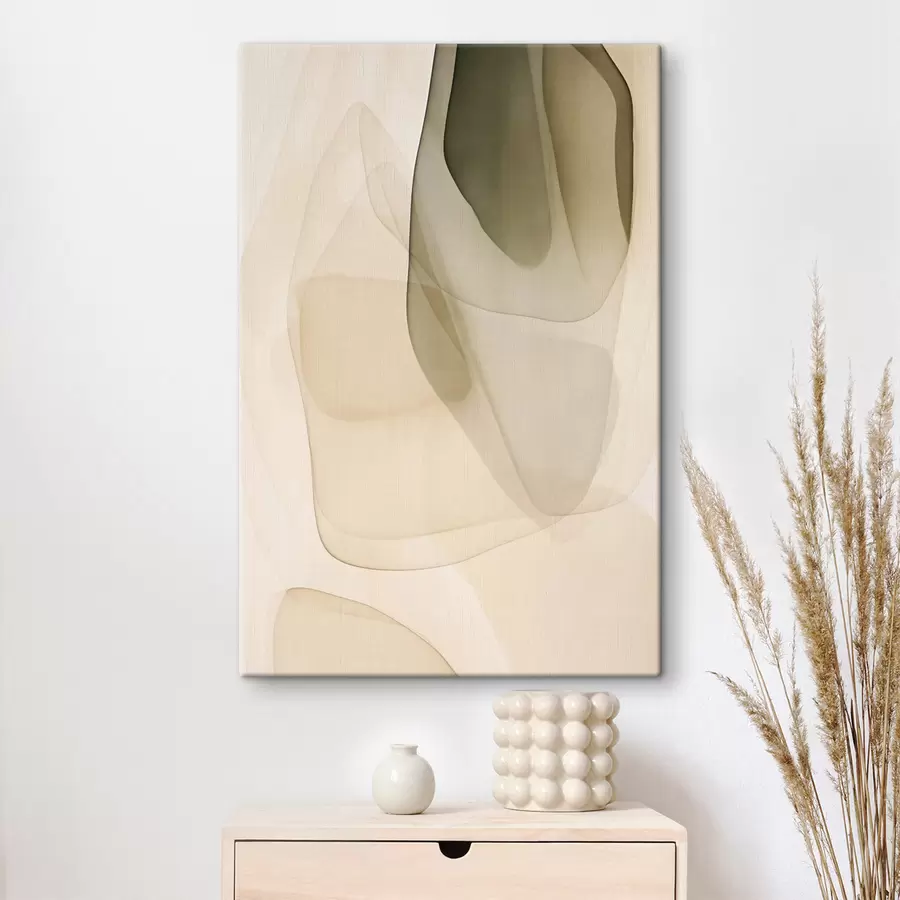  Peintures Des formes abstraites, fluides et translucides, dans des tons discrets de beige, de crème et de vert olive s50204