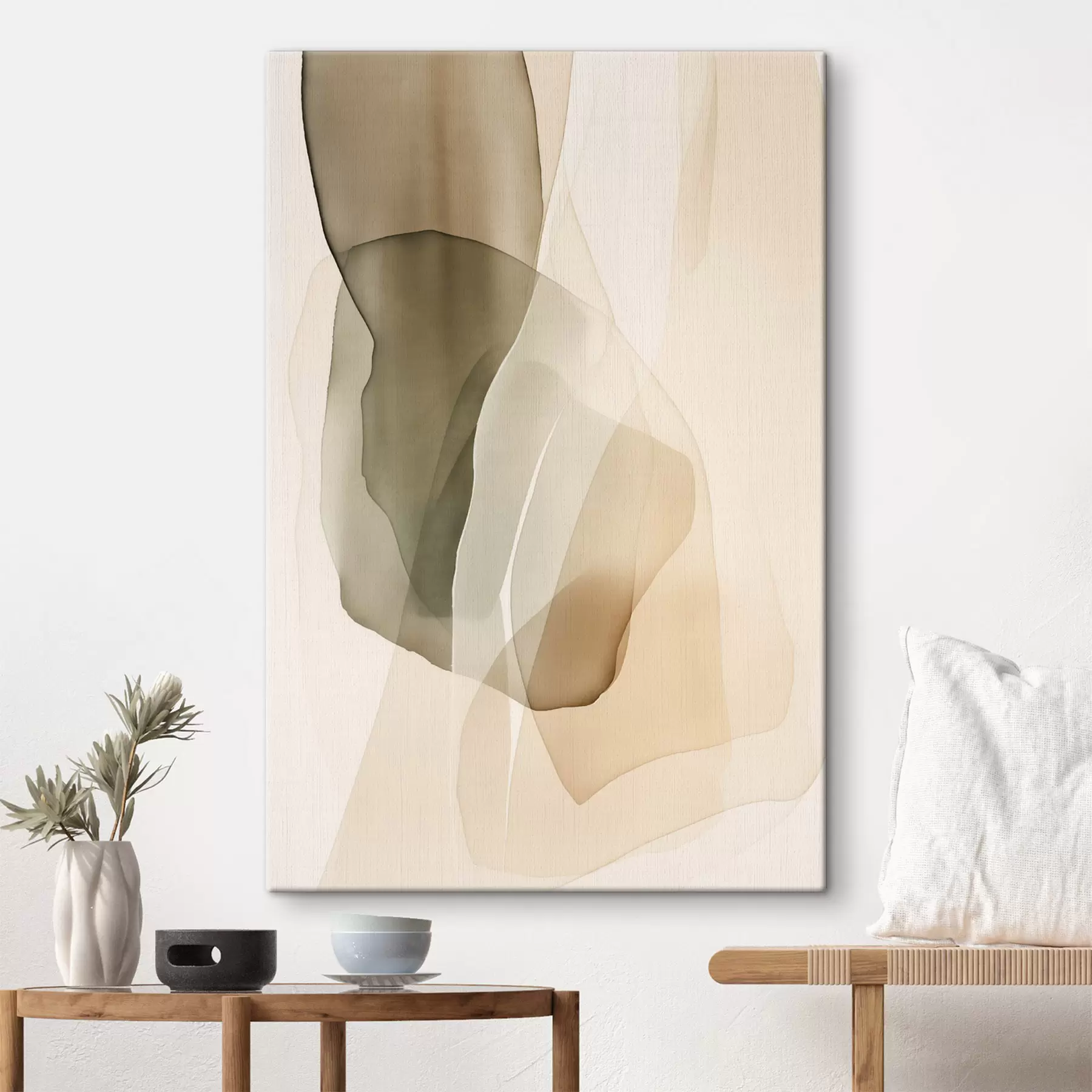  Schilderijen Abstracte, vloeiende, doorschijnende vormen in ingetogen beige-, crème- en olijfgroene tinten s50205